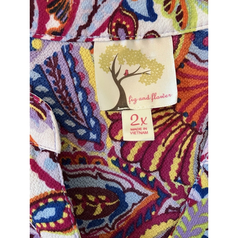 Fig And Flower Blouse Women's 2X Boho‎ Peasant Paisley Artsy Tunic Top Roll Tab - Picture 2 of 11